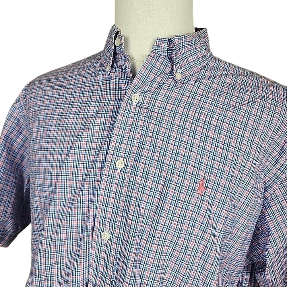 Ralph Lauren Polo L Blue Pink Gingham Check Plaid Casual Button Shirt Logo